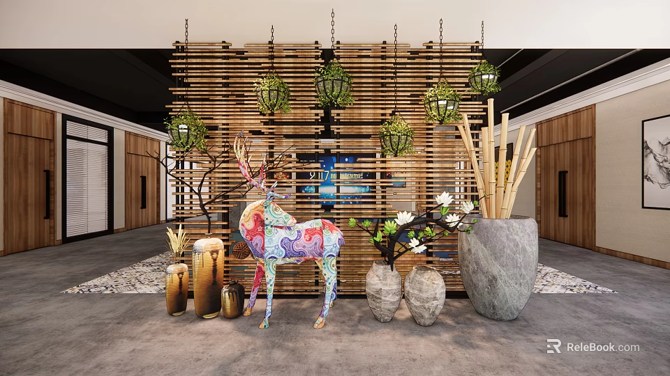 Colorful Deer Sculpture With Bamboo Screen Hanging Lanterns And Decorative Vases 3d model 