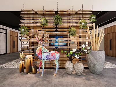 Colorful Deer Sculpture With Bamboo Screen Hanging Lanterns And Decorative Vases 3d model