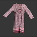 Pink Long Sleeved V Neck Dress With Striped Hem And Pleated Design