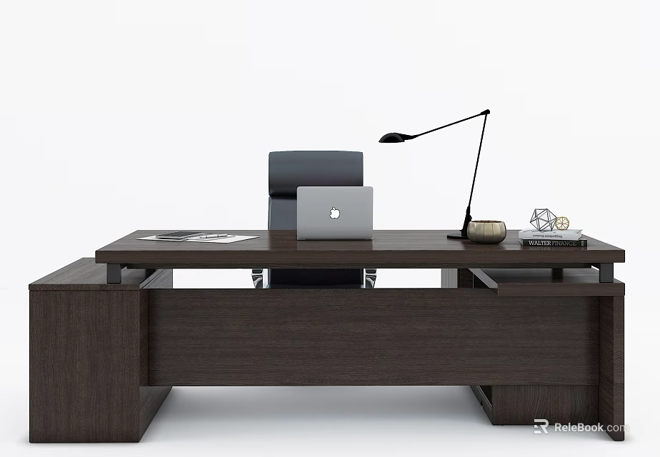 Stylish Dark Wooden Office Desk With Laptop Desk Lamp And Decorative Items 3d model 