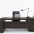 Stylish Dark Wooden Office Desk With Laptop Desk Lamp And Decorative Items