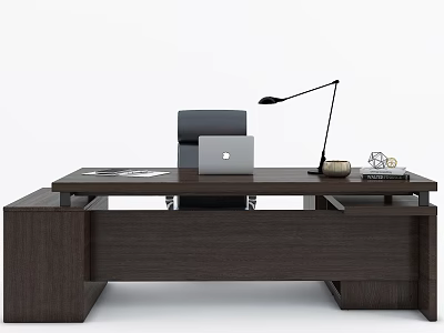 Stylish Dark Wooden Office Desk With Laptop Desk Lamp And Decorative Items 3d model