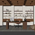 Traditional Home Study Interior Design With Wooden Beam Ceiling Built-in Bookshelves And Leather Chair