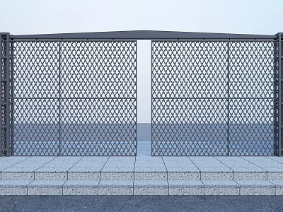 Modern Decorative Iron Gate With Latticed Metal Fence And Gray Steps 3d model