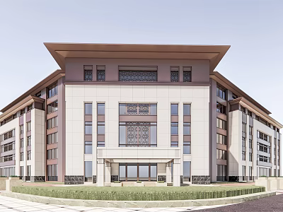 Traditional Style Hotel Building With Symmetrical Facade And Decorative Roof Design 3d model