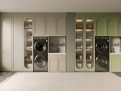 Modern Laundry Room Setup With Gray And Green Cabinets Glass Doors And Washing Machines 3d model