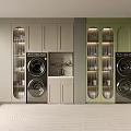 Modern Laundry Room Setup With Gray And Green Cabinets Glass Doors And Washing Machines