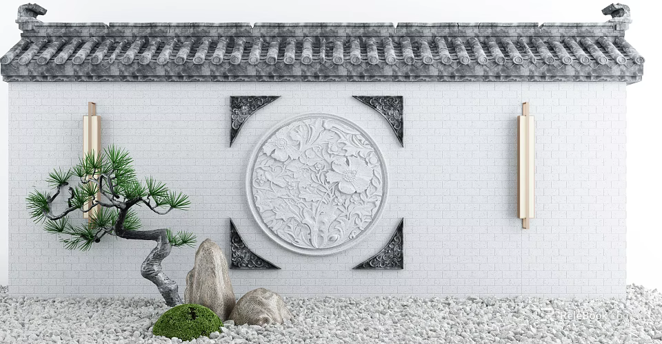 Traditional Chinese Feature Wall With Circular Relief Carving Brick Surface Tile Roof And Pine Tree 3d model 