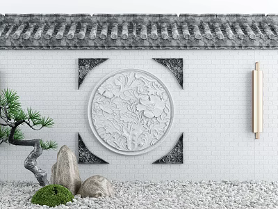 Traditional Chinese Feature Wall With Circular Relief Carving Brick Surface Tile Roof And Pine Tree 3d model