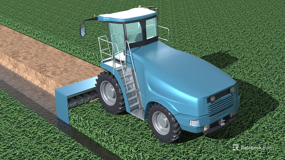Blue Agricultural Farm Equipment With Cabin And Tilling Attachment Working On Green Grassland Field 3d model 