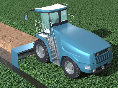 Blue Agricultural Farm Equipment With Cabin And Tilling Attachment Working On Green Grassland Field 3d model