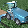 Blue Agricultural Farm Equipment With Cabin And Tilling Attachment Working On Green Grassland Field