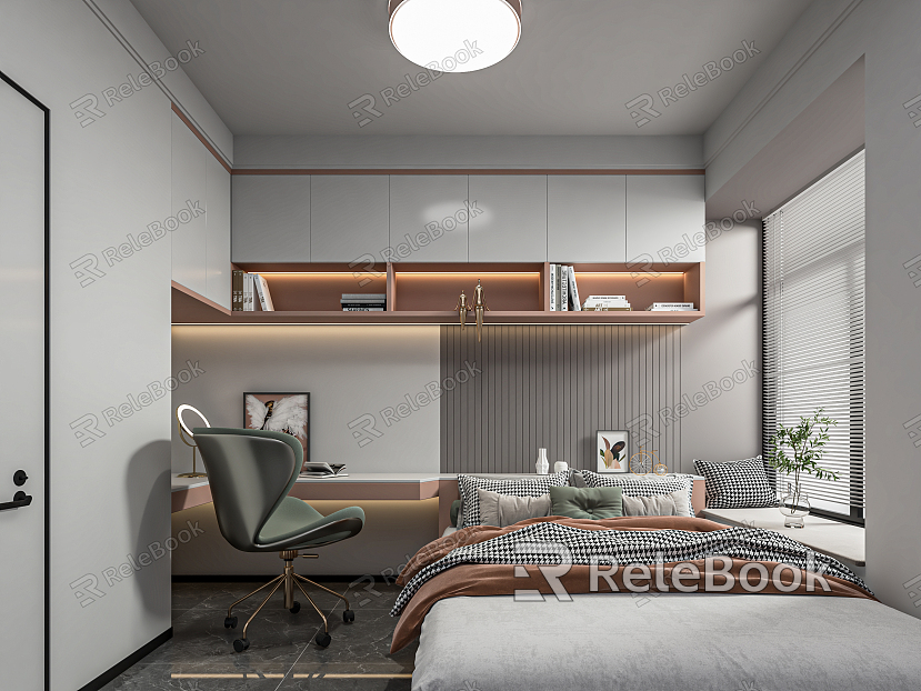 Modern Tatami Bedroom Desk and Chair Combination Green Plant Jewelry Ornaments Computer Desk Bookcase Wardrobe model