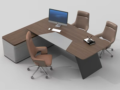 Modern Wooden Office Desk With Computer Monitor Brown Leather Chairs Keyboard And Paper 3d model