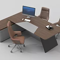 Modern Wooden Office Desk With Computer Monitor Brown Leather Chairs Keyboard And Paper
