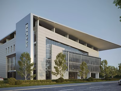 Contemporary Office Building With Glass Curtain Wall And Landscaped Greenery Along Road 3d model