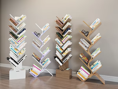 Modern Unique Design Bookcase With Wooden And White Shelves Filled With Books 3d model
