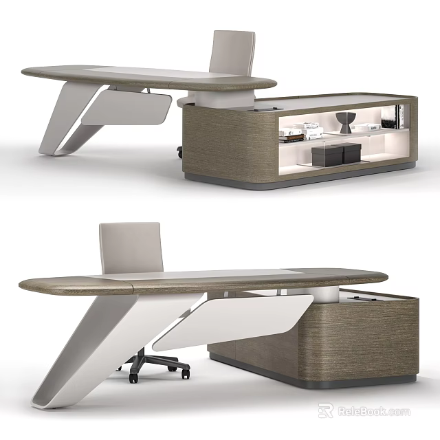 Modern Office Desk With Spacious Desktop Wooden Storage Cabinet And Metallic Frame 3d model 