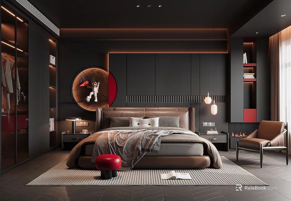 Modern Dark Bedroom Interior With King Size Bed Round Mirror And Pendant Lights 3d model 