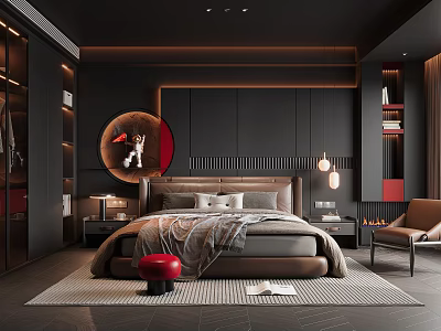 Modern Dark Bedroom Interior With King Size Bed Round Mirror And Pendant Lights 3d model