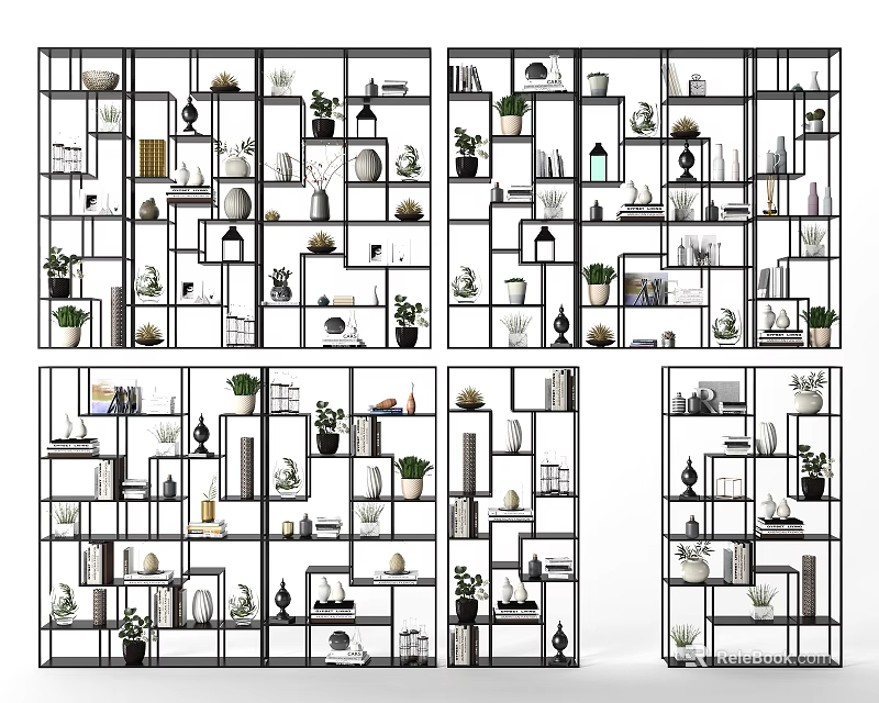 Modern Bookcase Design With Open Shelves Decorative Items Books And Green Plants 3d model 
