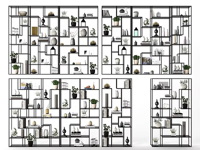 Modern Bookcase Design With Open Shelves Decorative Items Books And Green Plants 3d model