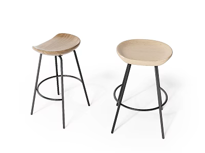 Stylish Modern Bar Stools With Wooden Seats And Black Metal Legs Curved Round Design 3d model