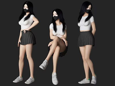 Woman In White Top Gray Pleated Skirt White Sneakers Black Mask Long Black Hair Posing 3d model