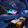Modern KTV Interior Design With Neon Lights Large Screen Sofas And Wine Bottles 3d model