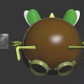 Cute Green Cartoon Creature Wearing Pilot Helmet and Goggles Standing Beside Small Suitcase