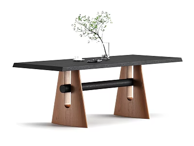 Modern Black Stone Dining Table With Triangular Wooden Legs Green Plant In Vase And Tableware 3d model