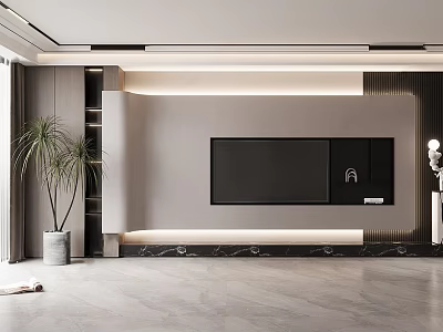 Modern Living and Dining Room Interior Design With TV Wall Marble Accents And Potted Plant 3d model