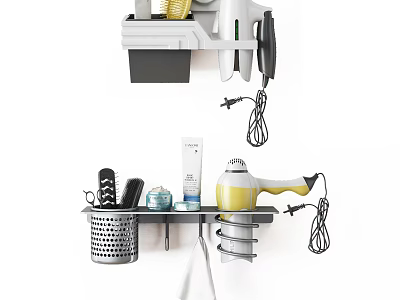 Daily Electrical Appliances Organized On Wall Mounted Storage Rack With Hair Dryer And Curling Iron 3d model