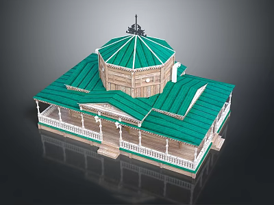 Traditional Building Featuring Green Dome Roof Wooden Structure and White Railings 3d model