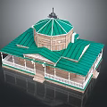 Traditional Building Featuring Green Dome Roof Wooden Structure and White Railings