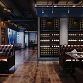 Elegant Modern Restaurant Interior With Dark Wooden Flooring Blue Columns Bookshelves Piano And Chandeliers
