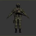 Realistic Game Movie Character In Camouflage Uniform With Gas Mask Rifle And Tactical Gear