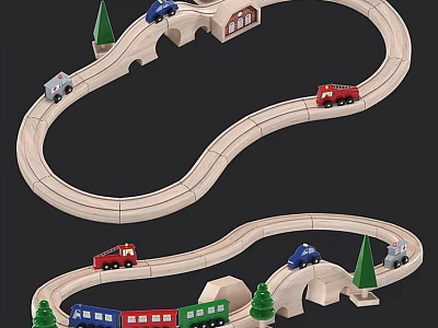 Wooden Doll Train Set With Curved Tracks Toy Cars Trees And Small House 3d model