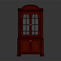 Classic Red Wooden Cabinet With Glass Doors And Traditional Decorative Details