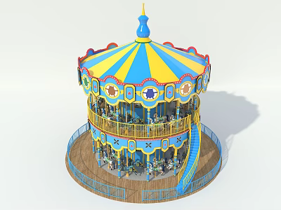 Colorful Double Deck Carousel Playground Equipment With Yellow Blue Decorations Fence And Staircase 3d model