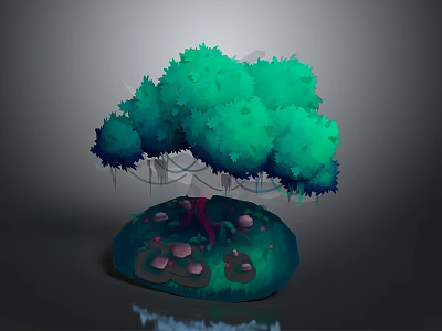 Vibrant Green Blue Tree Plant With Red Mushrooms On Artistic 3D Base 3d model