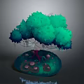 Vibrant Green Blue Tree Plant With Red Mushrooms On Artistic 3D Base