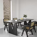 Modern Dining Table Set With Chairs Bench Vase Green Plant And Fruit Plate