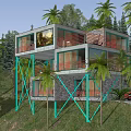 Modern Detached Villa with Large Glass Windows Red Railings and Gravel Driveway by Tall Trees