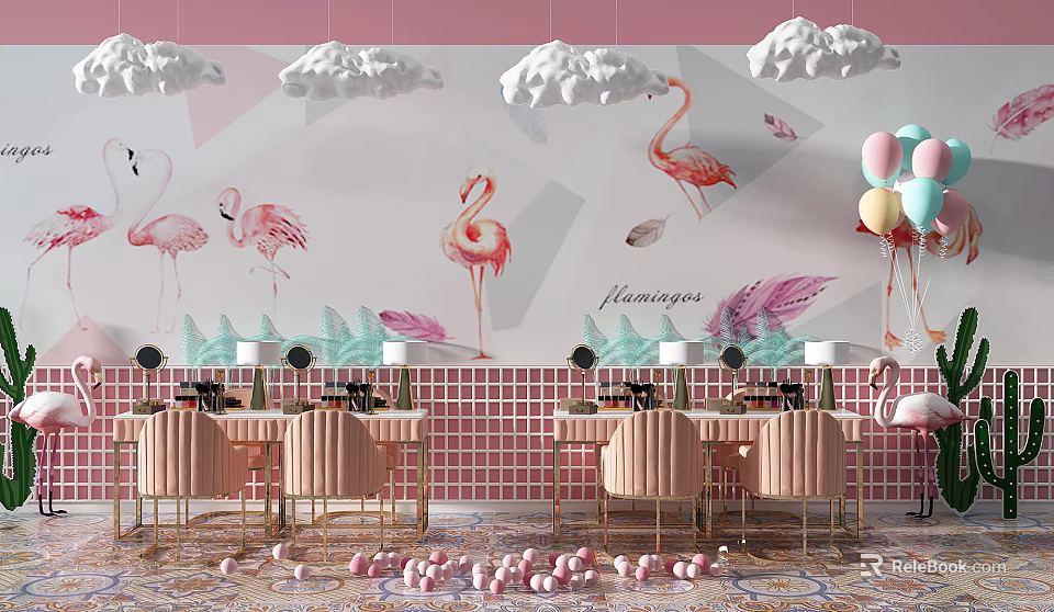 Pink Dressing Table Setup With Flamingo Wall Art Cloud Decor And Balloons 3d model 