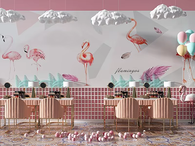 Pink Dressing Table Setup With Flamingo Wall Art Cloud Decor And Balloons 3d model