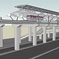 High Speed Train Moving On Elevated Track With Covered Platform And Concrete Pillars 3d model