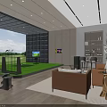 Indoor Golf Fitness Space With Golf Simulator Green Turf Area Sofa And Chairs