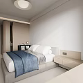 Modern Bedroom Interior Design With Bed Blue Bedding Nightstand TV Desk Chair And Window