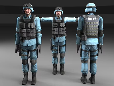 Three SWAT Men in Blue Uniforms with Tactical Vests Helmets Gear Front Side Back Views 3d model